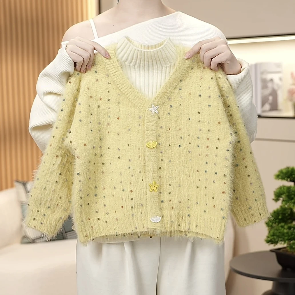 女童毛衣2025秋冬新款水貂毛针织衫保暖上衣假两件不起球亲子装