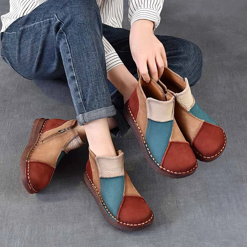 百搭秋冬新款时尚拼色复古软底短靴休闲平底高帮乞丐鞋女式软底靴