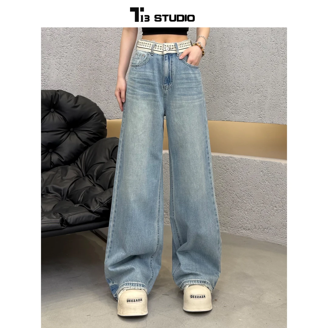 T13妮妮【907J】2025夏季系列新款宽松中高腰显瘦直筒堆堆牛仔裤