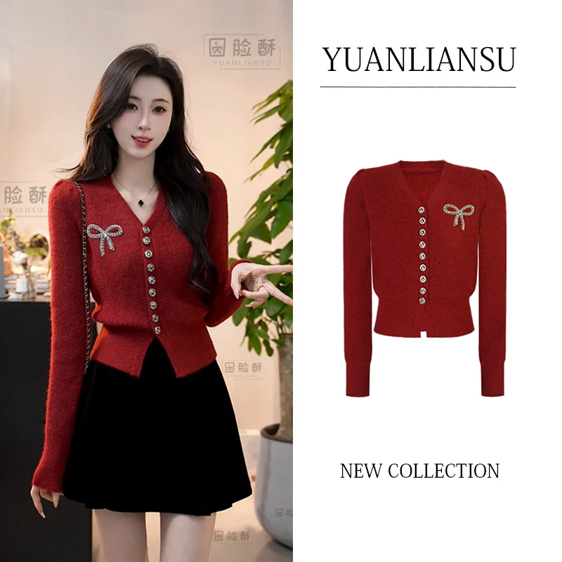 YUANLIANSU/圆脸酥【樱川桃井】小香风秋冬复古红色蝴蝶结显瘦毛衣