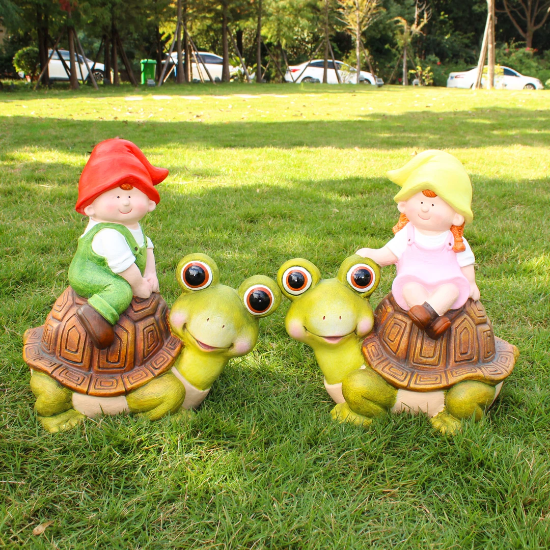 可爱男孩女孩骑乌龟户外花园庭院草坪别墅落地装饰品大摆件