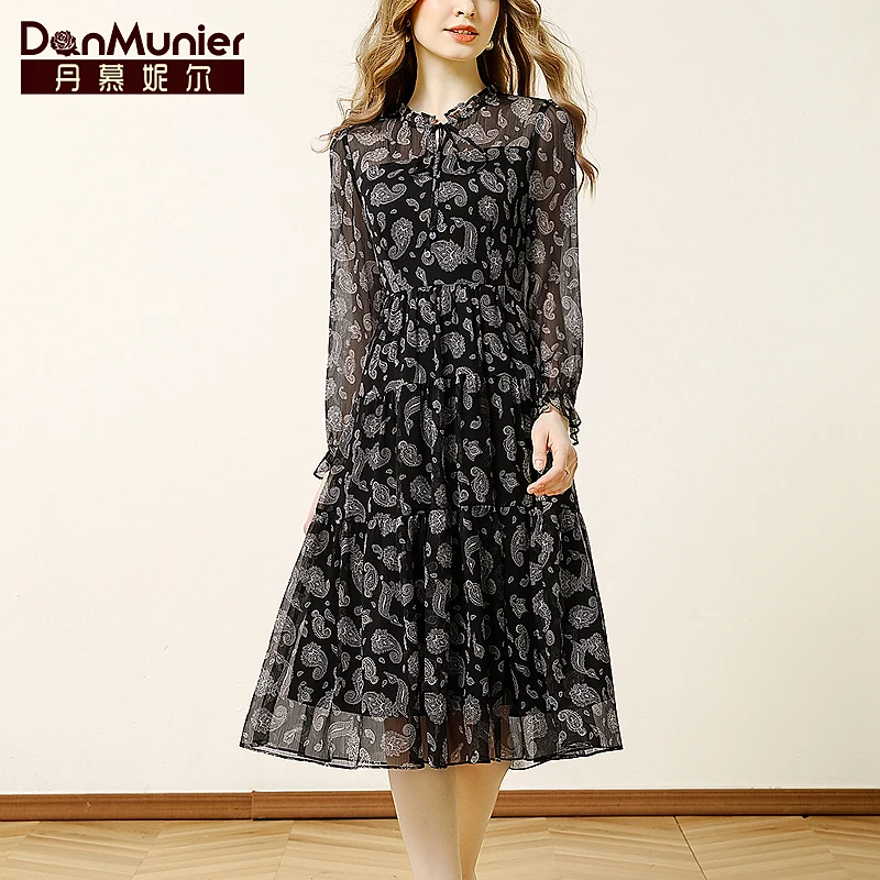 丹慕妮尔法式浪漫印花连衣裙女2025春季新款气质收腰显瘦a字裙子