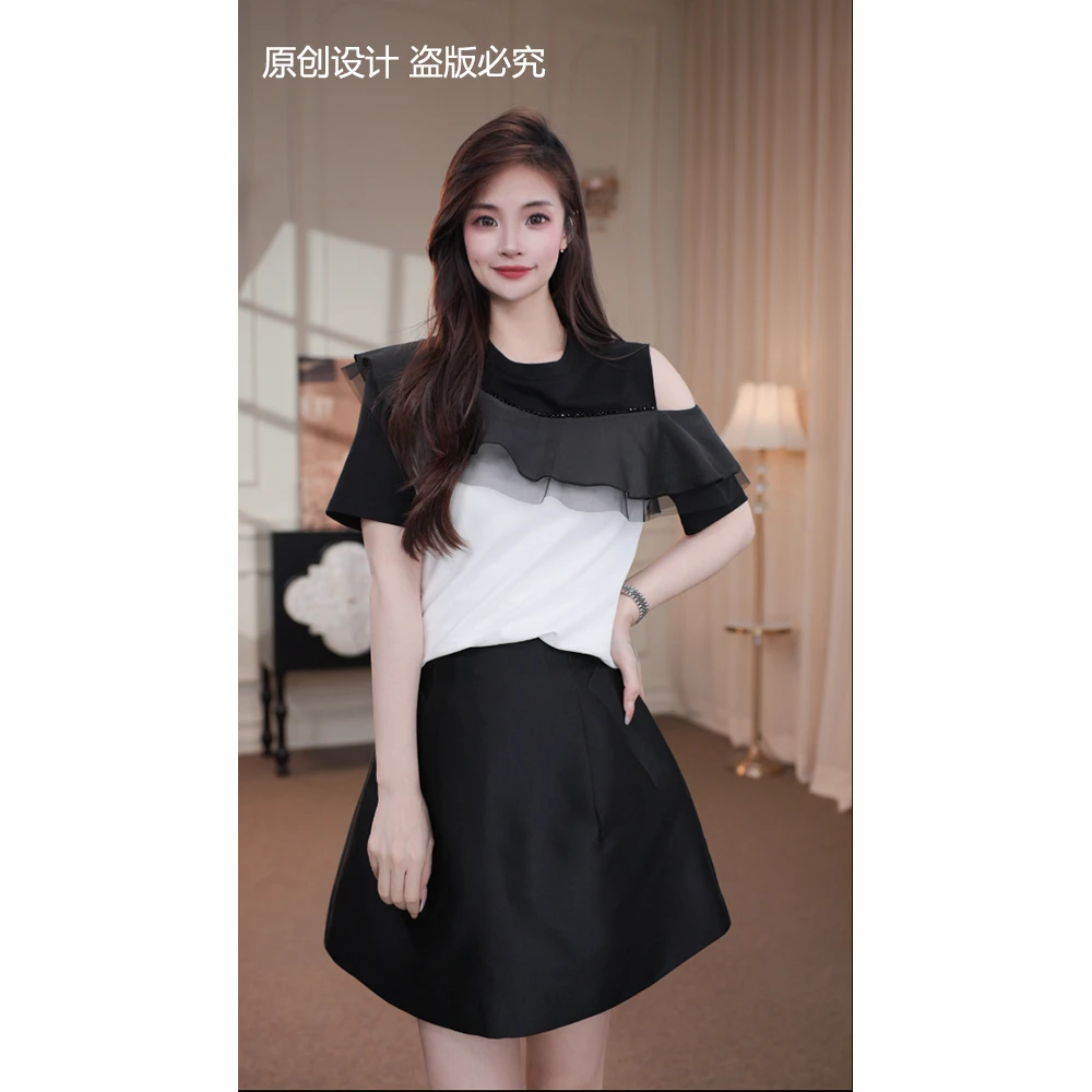 宁宁·北欧环游·春夏新款黑白撞色拼接显瘦百搭女装短袖T恤-90817