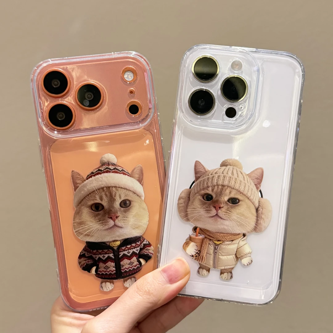 卡通冬日小猫咪情侣手机壳适用苹果17p/16pro小米华为15透明全包