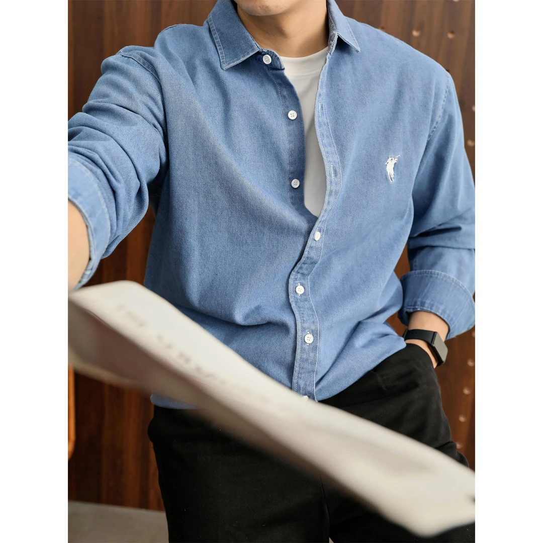 奥兰德保罗覆古纯棉上衣骑士刺绣长袖衬衫男cleanfit极简老钱衬衣