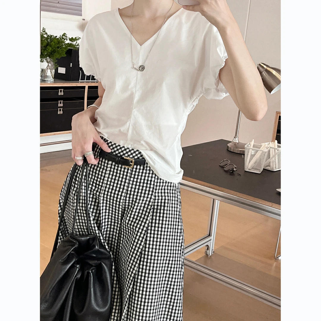2025夏季法式立体花苞袖简约慵懒高智感V领小衫显瘦气质高腰W-382