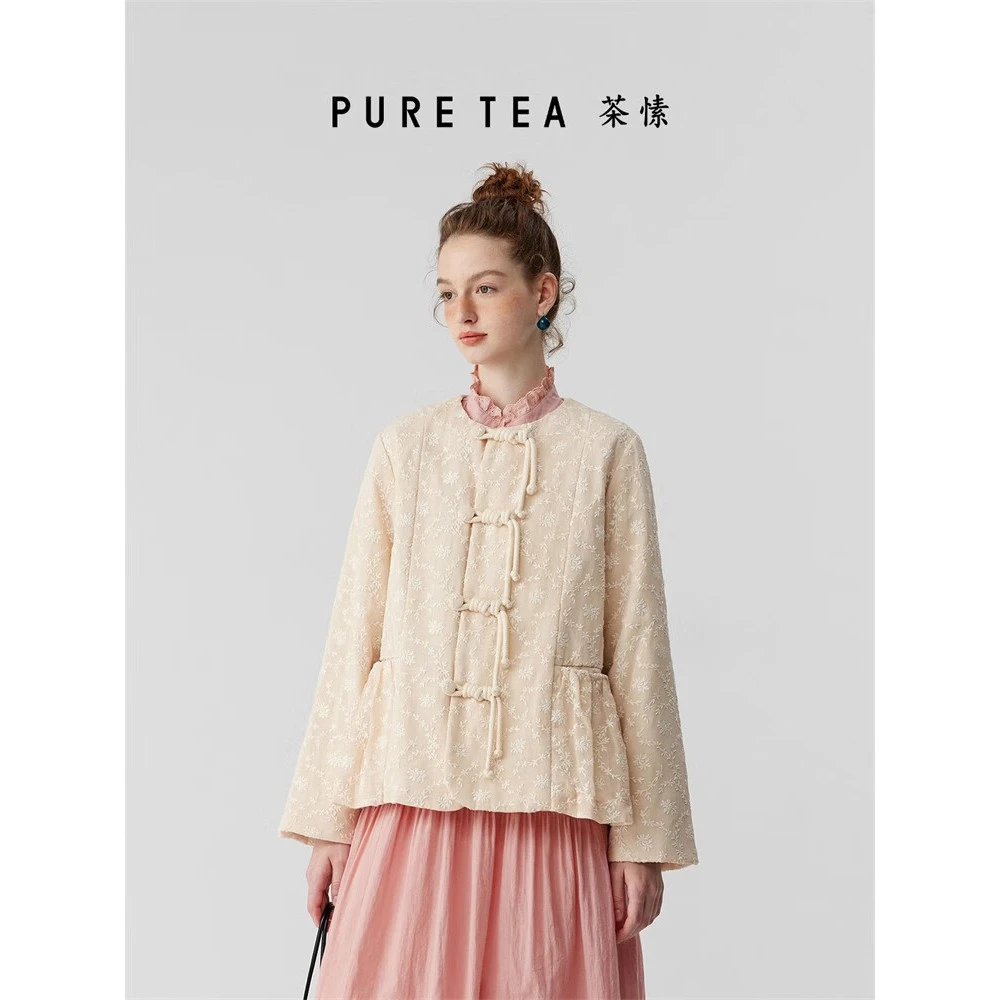 【新中式】puretea茶愫绣花短款加厚外套女扭2023秋季新款TW0402A41