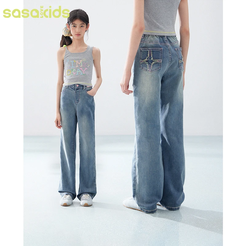 sasakids春夏轻薄水洗弹力直筒长裤休闲牛仔裤时髦百搭