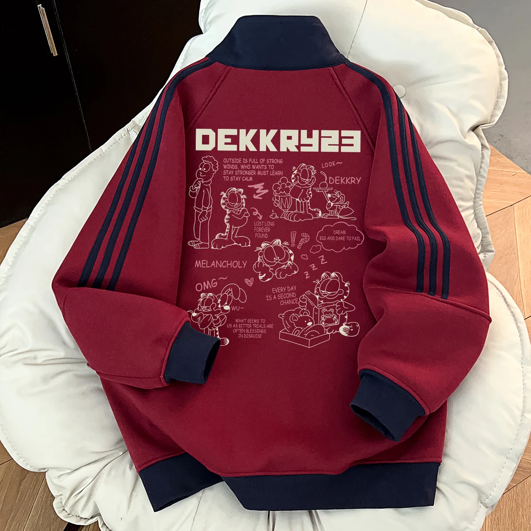 美式个性潮流加菲猫印花休闲三条杠立领拉链外套宽松秋冬情侣卫衣