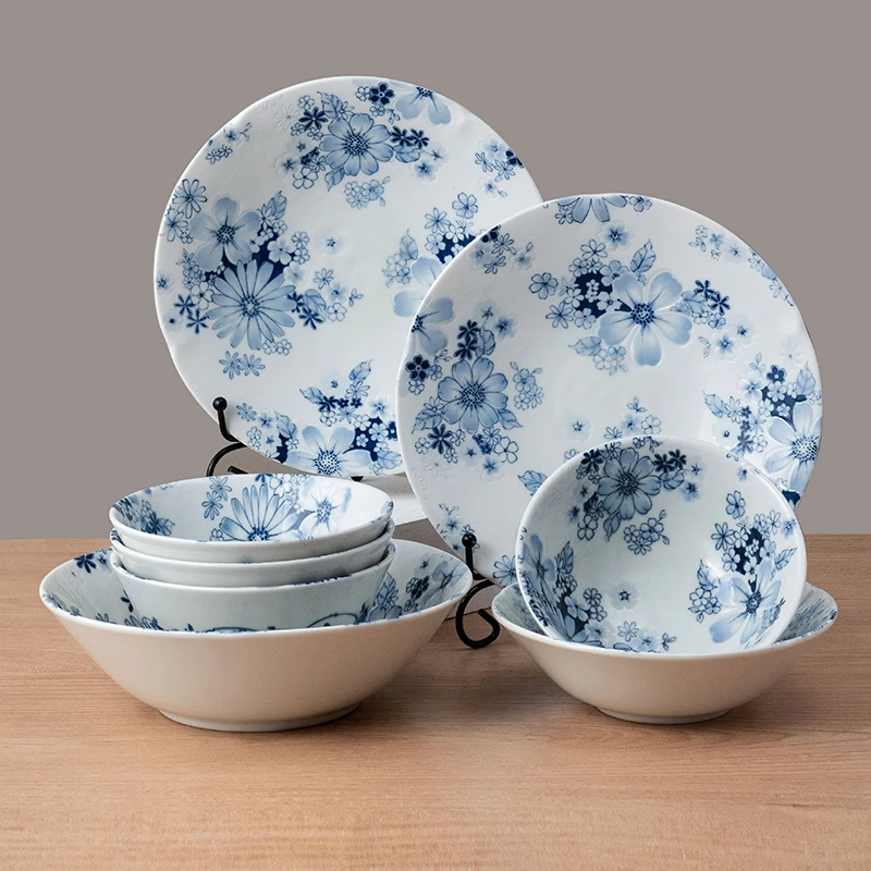 美浓烧日本进口陶瓷碗盘套装家用日式花集饭碗釉下彩菜盘好看套装