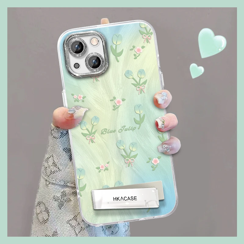 适用于苹果13精孔羽纱渐变郁金香网红个性创意支架全包手机壳女款