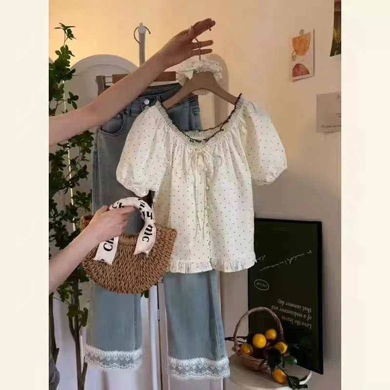 9050波点绑带短袖