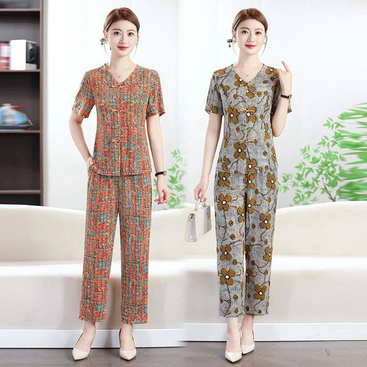 中老年女装中老年妈妈人造棉套装女装阔腿裤夏装时尚