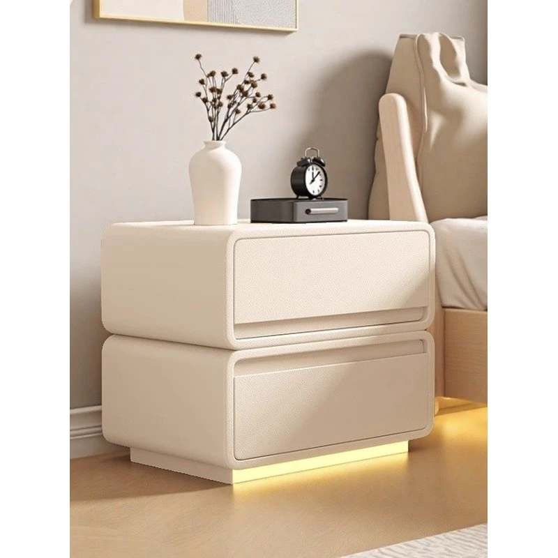 轻奢高级感实木床头柜简约现代皮质储物柜小型主卧床边奶油风收纳