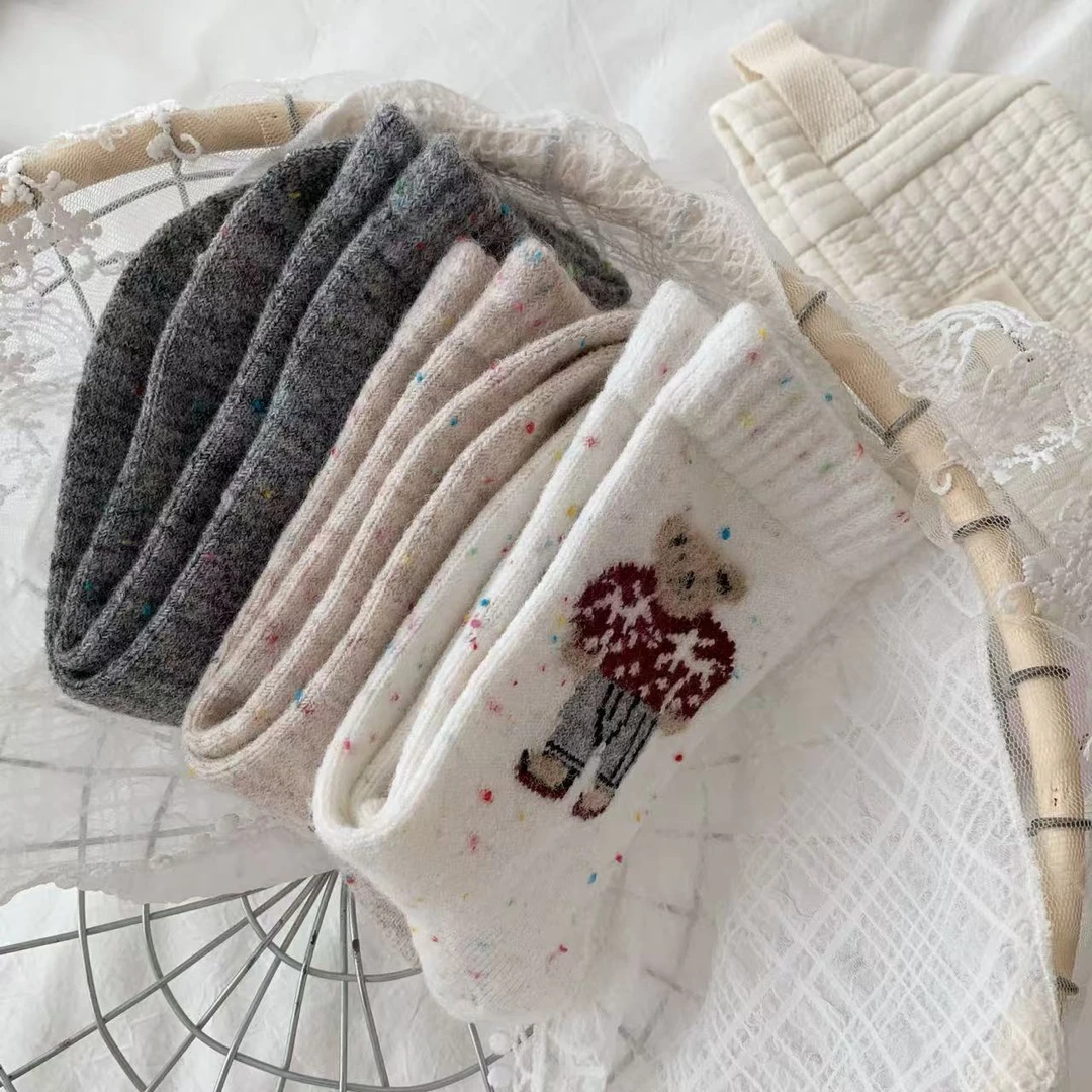 费尔岛点子纱毛衣熊羊毛中筒袜秋冬款韩系氛围感