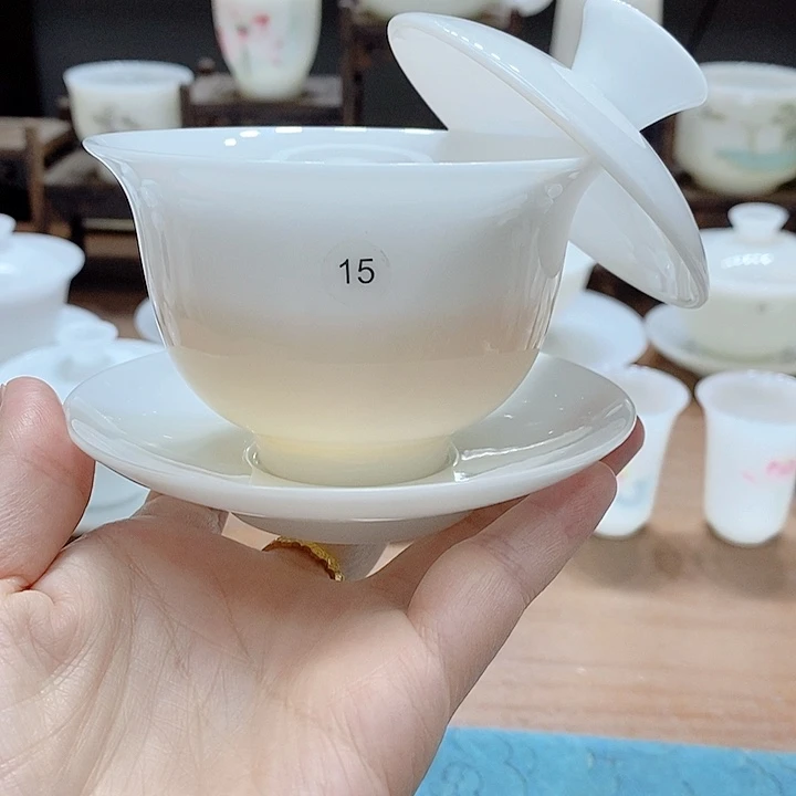 高端冰种玉瓷盖碗茶杯