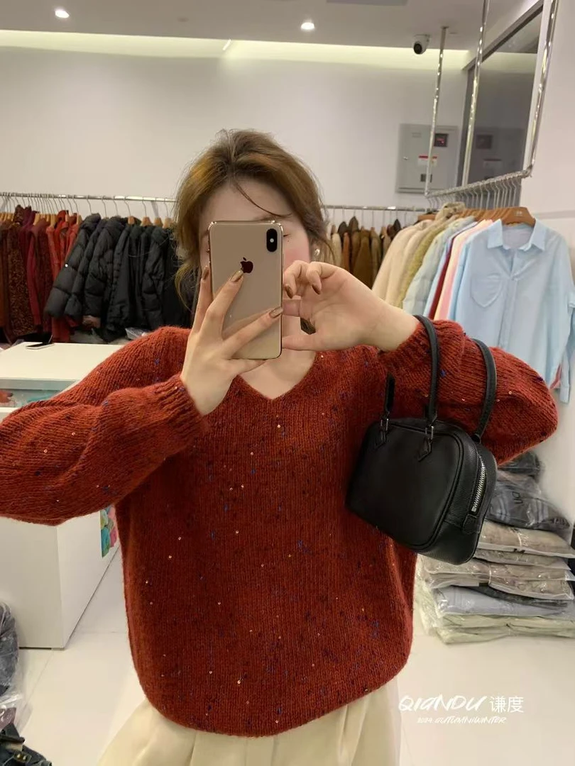 W052【蝶谷】2025早春时尚V领毛衣针织网红宽松套头