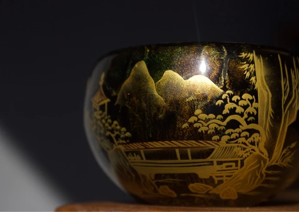 周光武大漆传世哥窑游龙戏盏山水杯