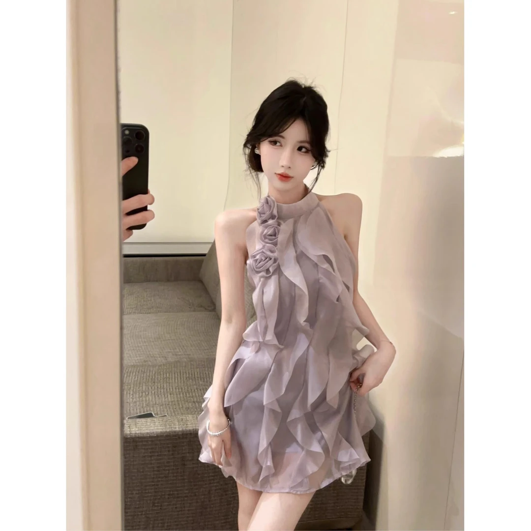 法式立体花朵荷叶边无袖雪纺连衣裙2025女夏新款气质显瘦A字短裙