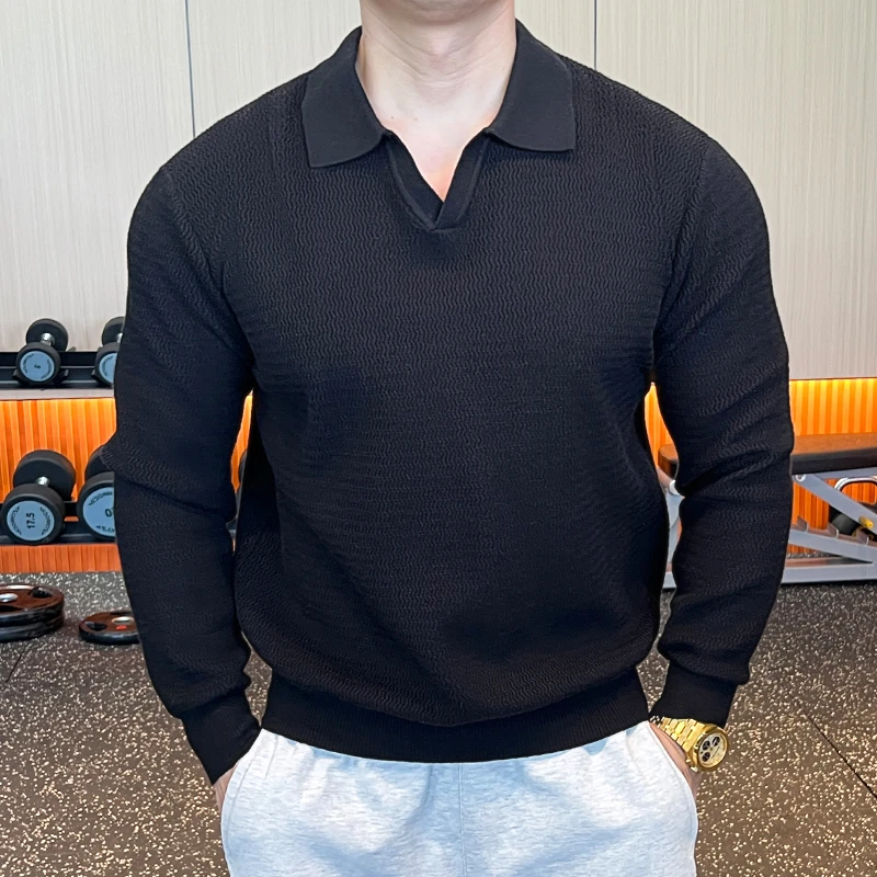 秋冬新款男士海鸥领运动健身毛衣针织衫长袖上衣时尚翻领舒适透气