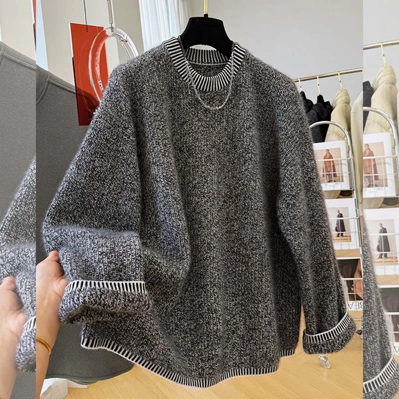 胖MM秋冬保暖大版宽松领口拼色圆领套头毛衣女百搭显瘦遮肚上衣潮