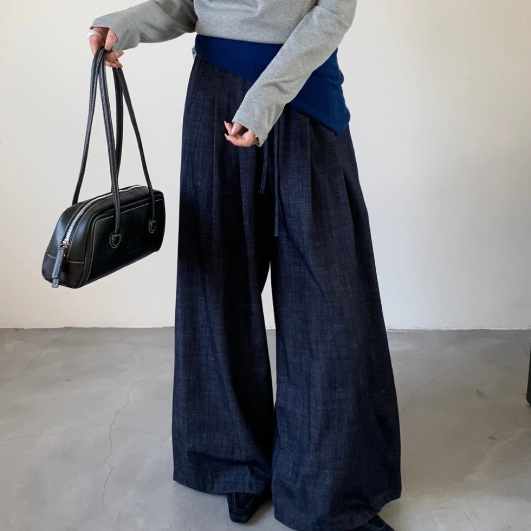 9202松紧腰垂坠感宽松牛仔裤百搭阔腿裤