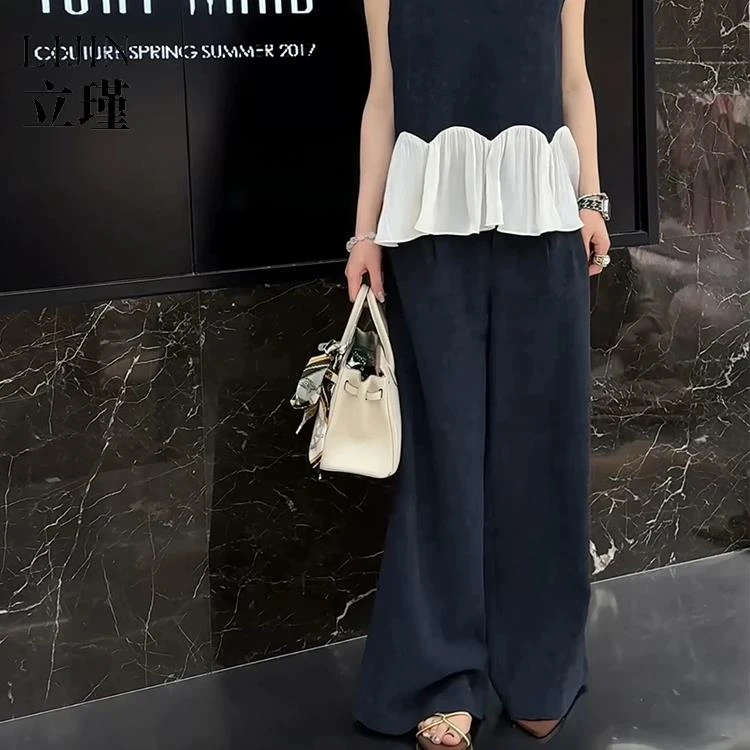 休闲阔腿裤套装女欧洲站2025年夏季新款荷叶边拼接上衣两件套