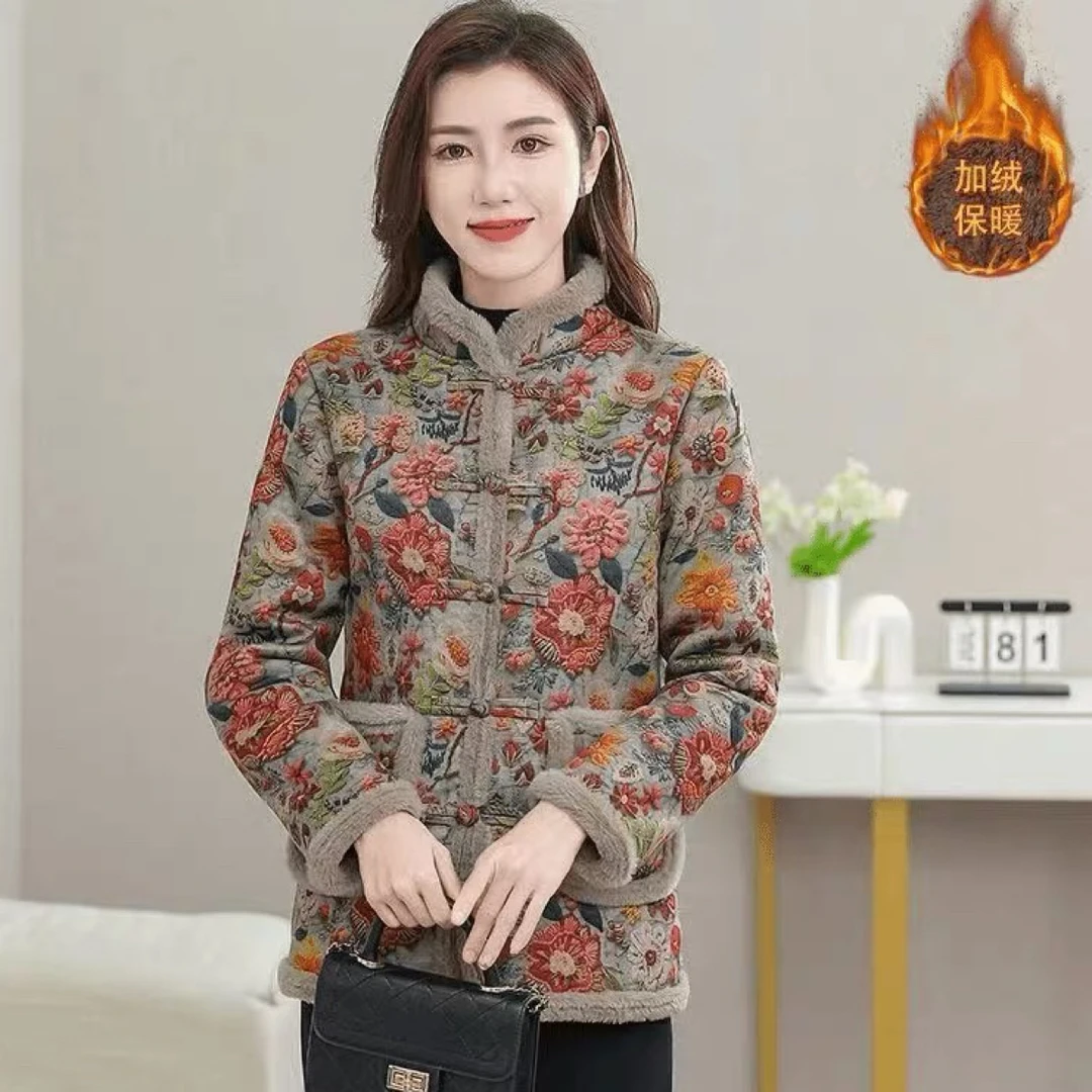 2025秋冬新款妈妈装保暖棉衣中老年加绒加厚新中式盘扣棉服外套女