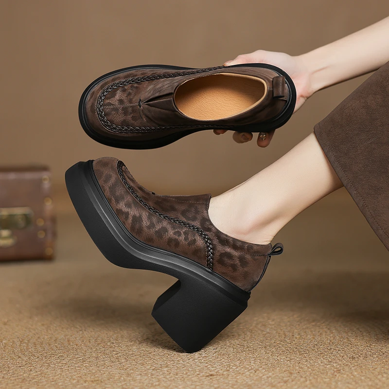 10CM羊皮软皮女单鞋粗跟乐福鞋复古英伦风厚女士厚底粗跟皮乐福鞋