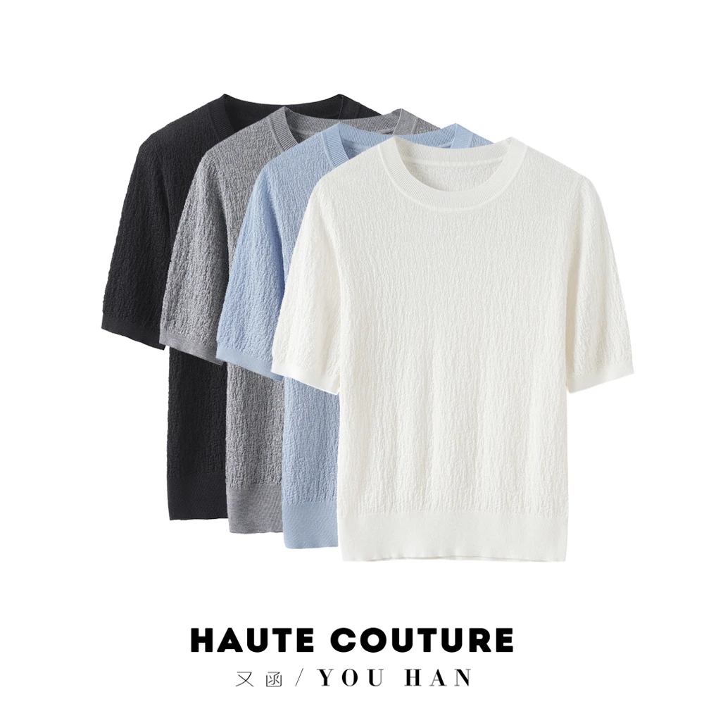 夏款新品莱赛尔桑蚕丝混纺不规则纹理休闲显瘦针织短袖百搭t恤