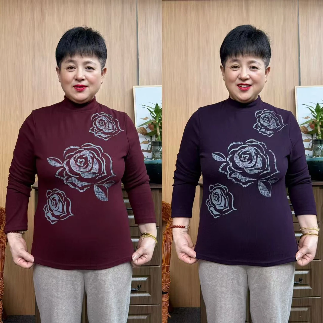 秋季高领高弹力绒面减龄中老年打底衫宽松妈妈上衣内搭保暖打底衫