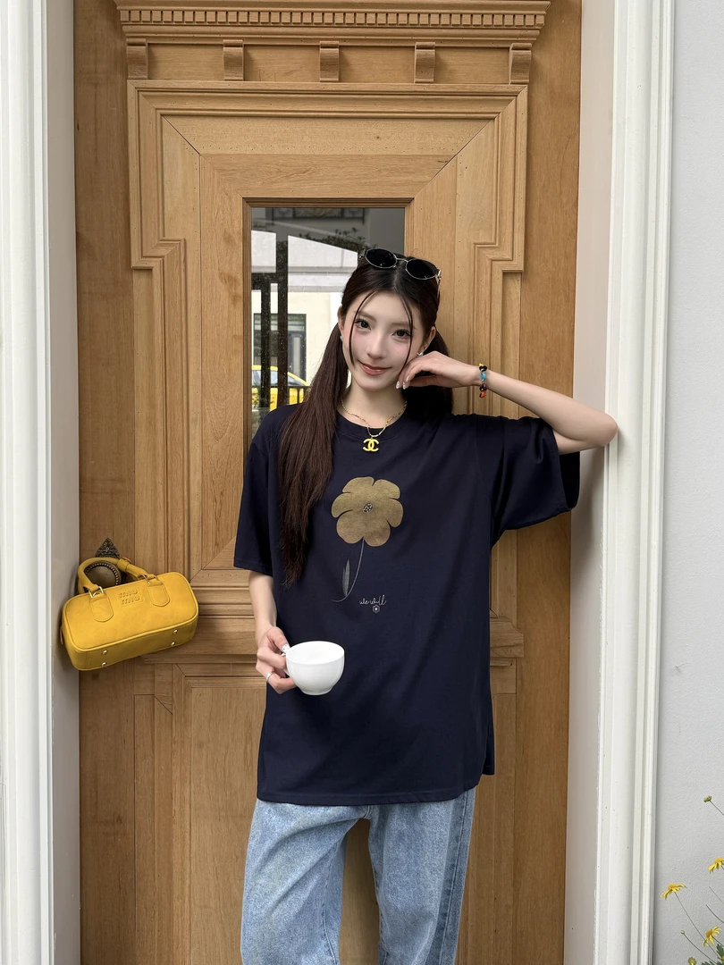 温柔瑶-Eleven#韩系简约百搭花朵印花短袖T#1658