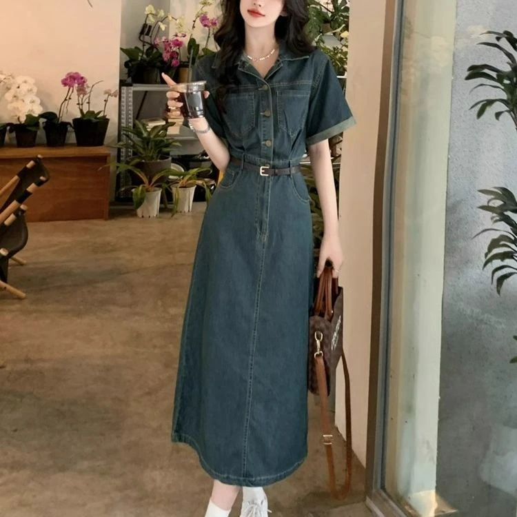 复古收腰牛仔连衣裙女夏季新款法式高级感小个子气质港风长款裙子