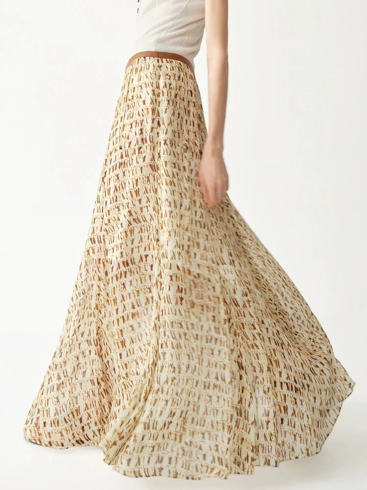 254105-ED 夏季新款皮腰头印花桑蚕丝长半身裙女