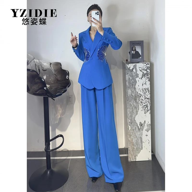 YZIDIE高级感重工套装2025春季腰部手工订花收腰西服长裤职
