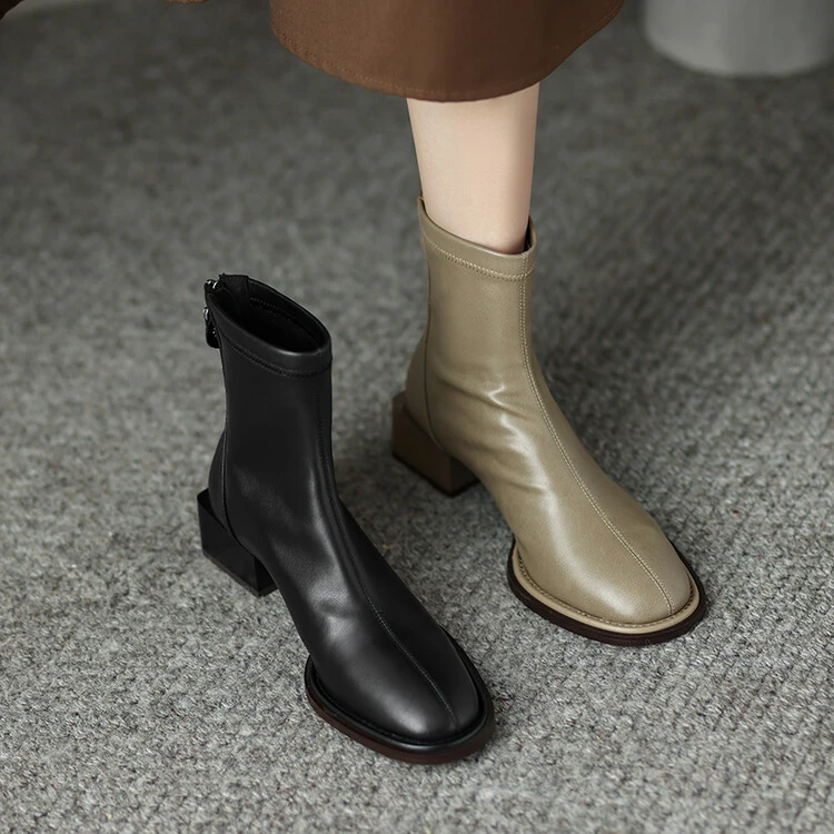 复古方头瘦瘦靴真皮短靴女粗高跟及踝靴百搭短筒后拉链秋冬单靴子