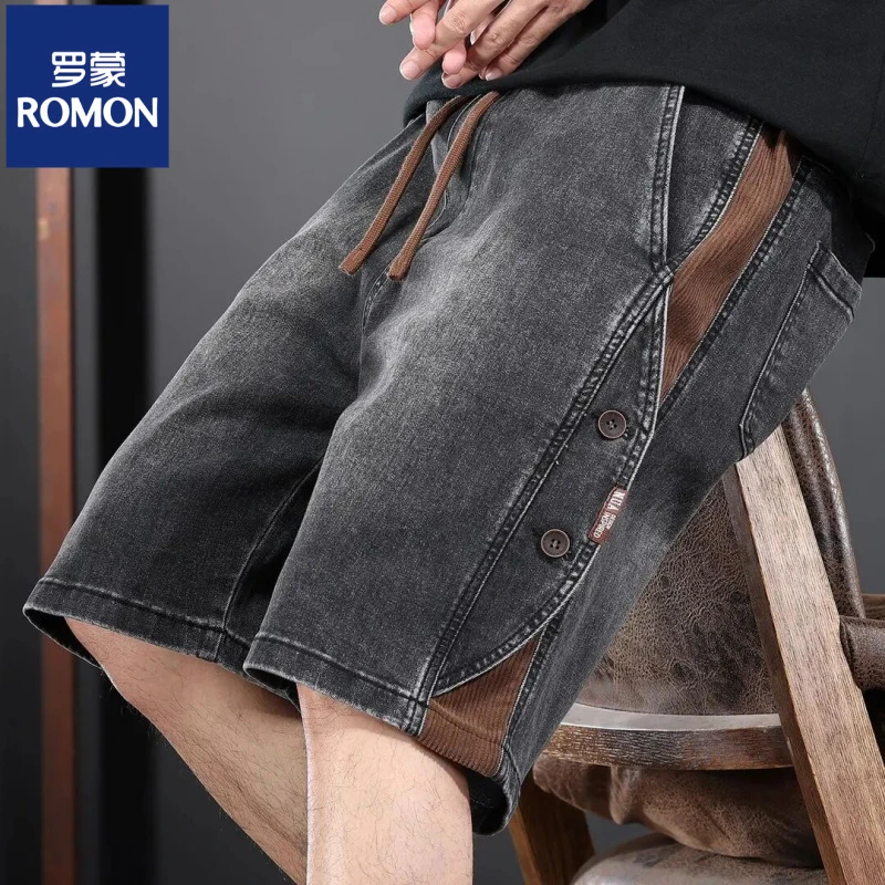 罗蒙美式复古牛仔短裤男士夏季潮牌设计感拼接休闲宽松五分中裤子