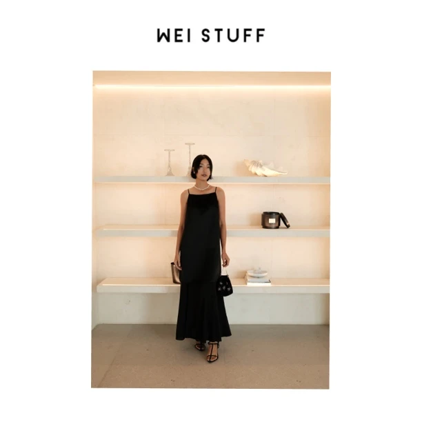 WEI STUFF  “雨夜风浠”时尚气质休闲拼接吊带连衣裙 9619.