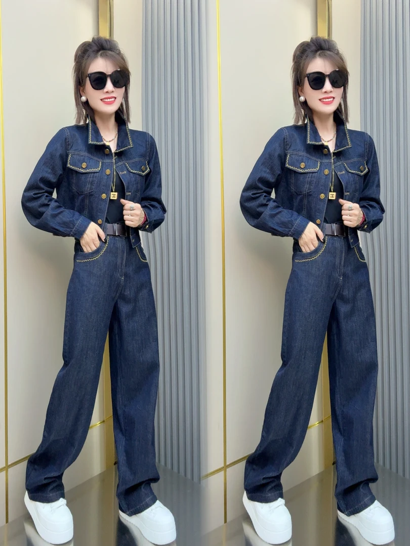 拼色明线牛仔外套+高腰阔腿裤两件套