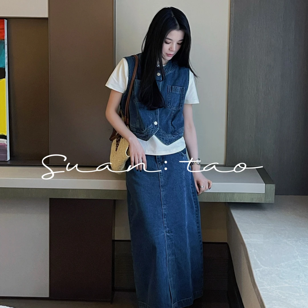 Suan.Tao欧货复古时尚今年流行马甲牛仔显瘦夏季套装TZ9802