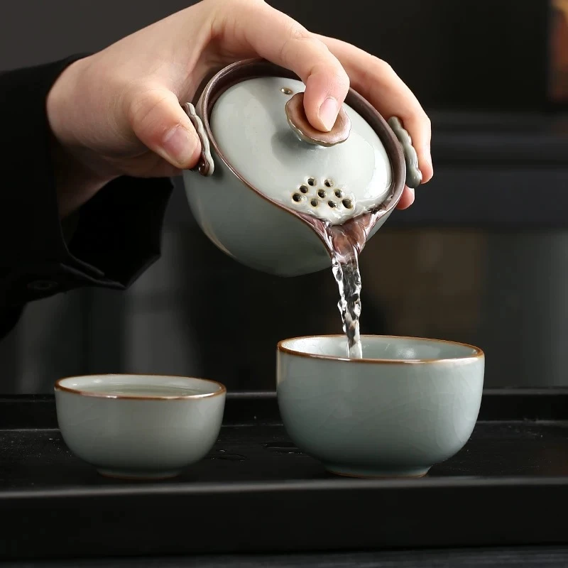 汝窑便携式旅行茶具快客杯户外泡茶壶适合商务伴手礼陶瓷手抓壶