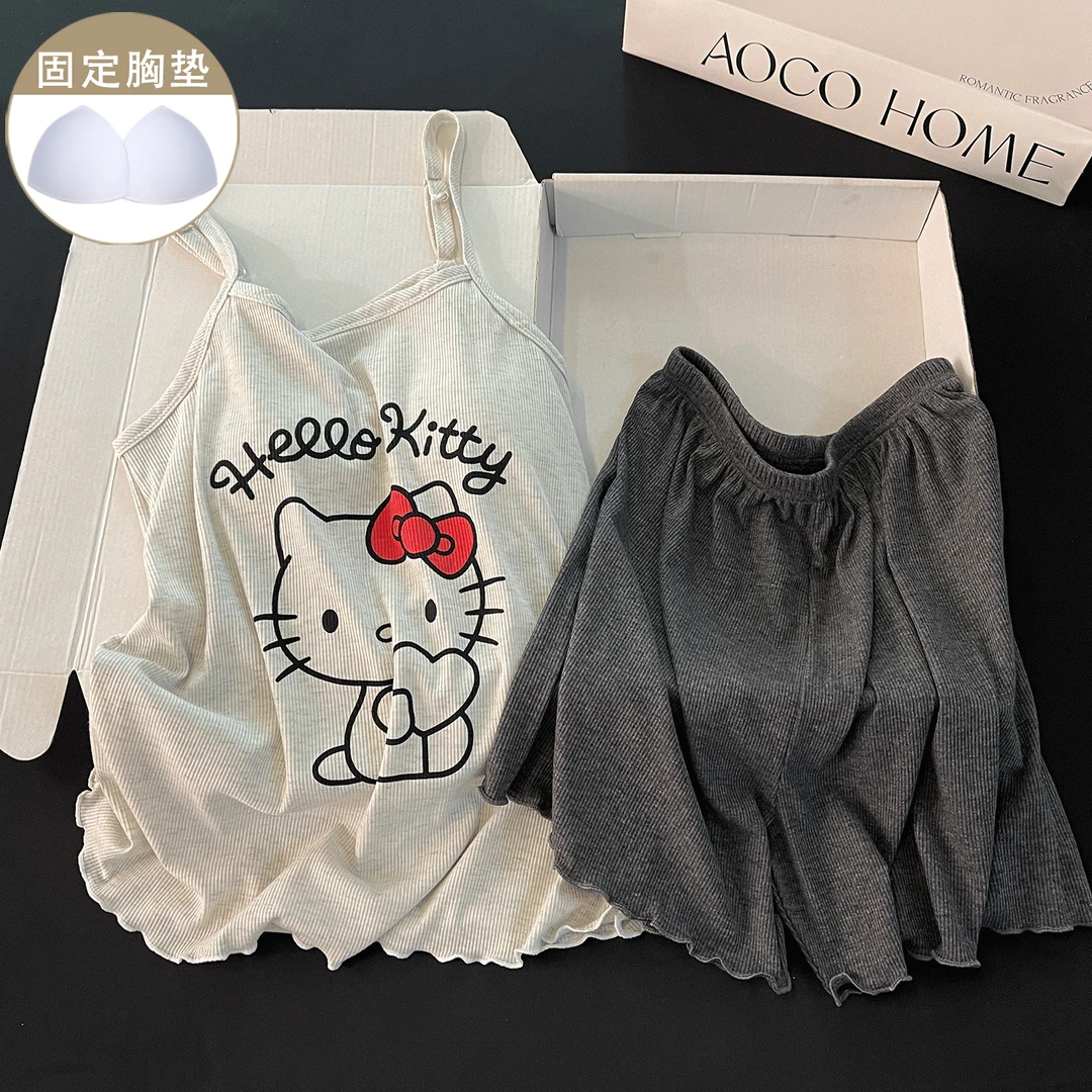 日系睡衣女带胸垫莫代尔夏季性感吊带短裤夏天休闲宽松家居服套装