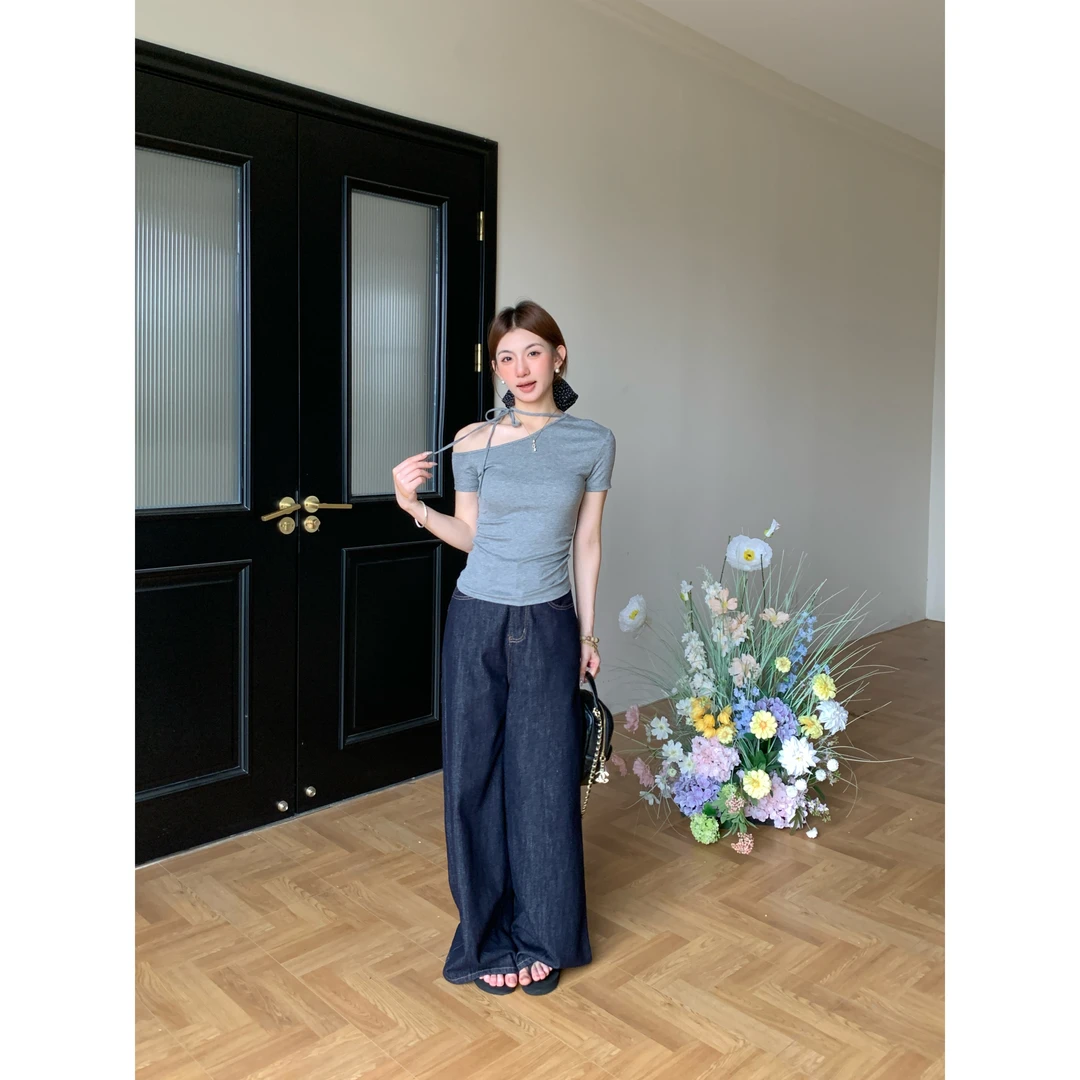 欧阳喜【月下清晨】设计感气质夏季飘带时尚短袖234T1081