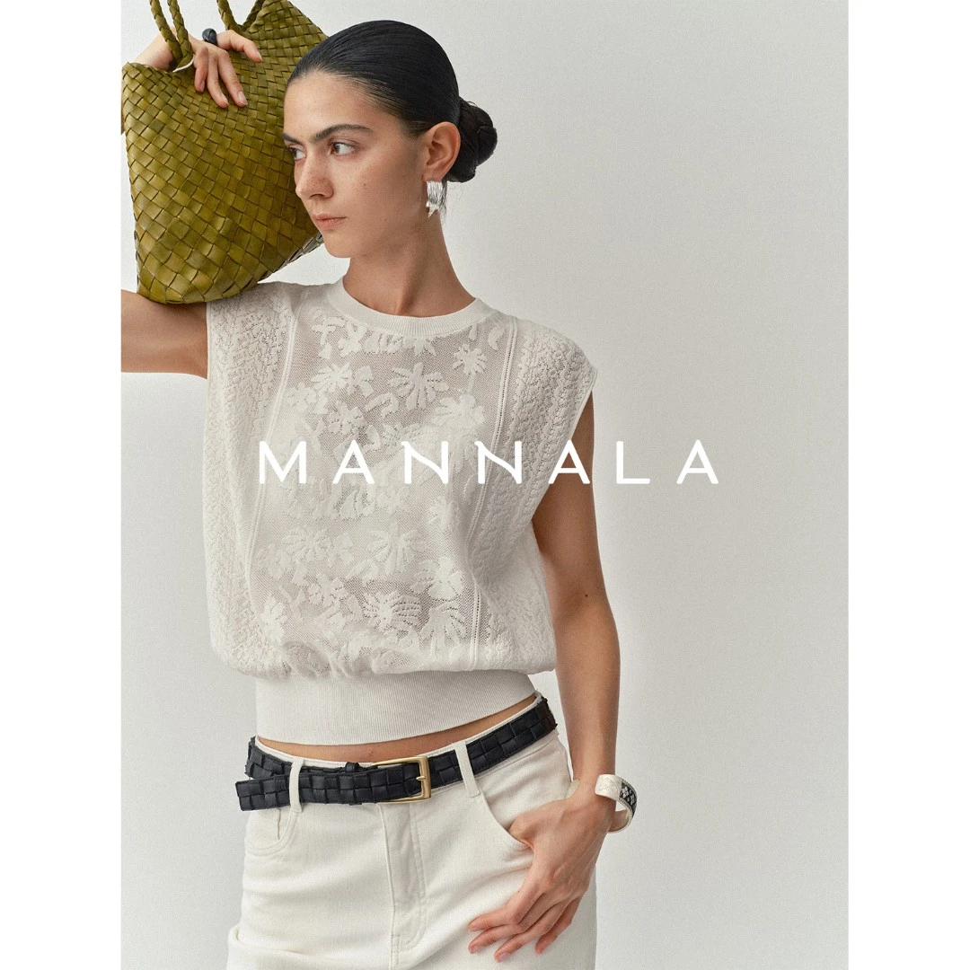 MANNALA丨“夏时花”冷清桑蚕丝提花工艺短款白色背心针织衫Q4442