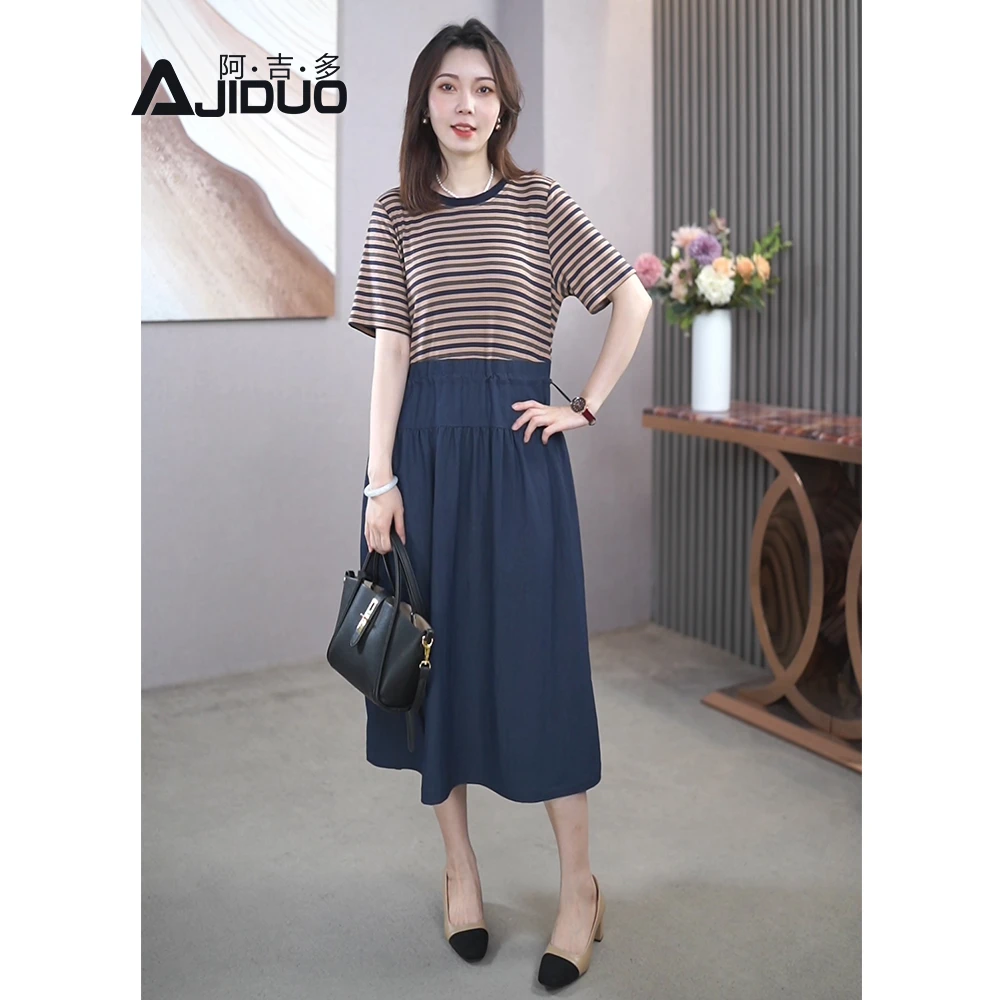 休闲条纹拼接牛仔连衣裙假两件夏季时尚宽松显瘦通勤长裙子A21823