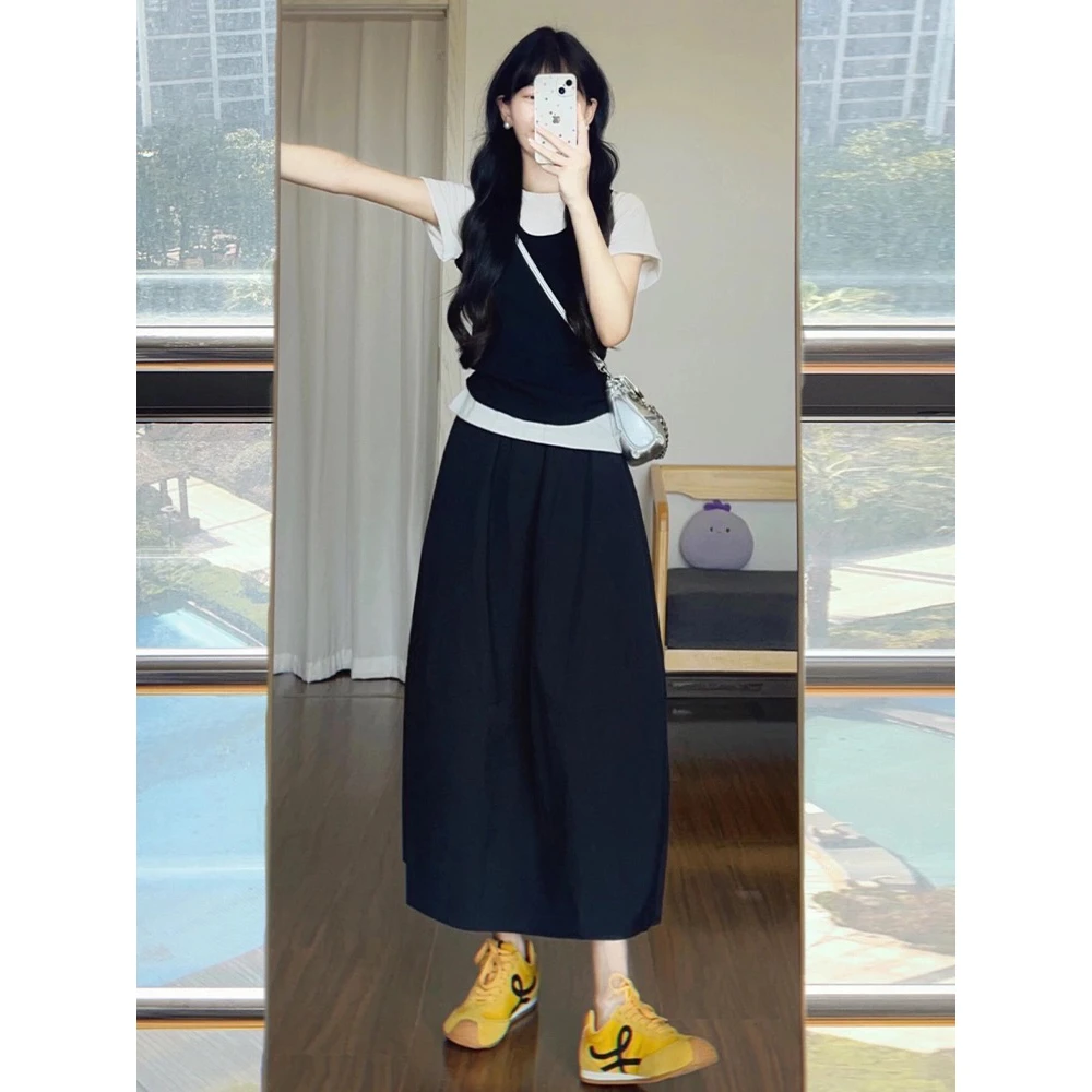 韩系夏日穿搭一整套女时尚假两件短袖T恤高腰半身裙减龄两件套装