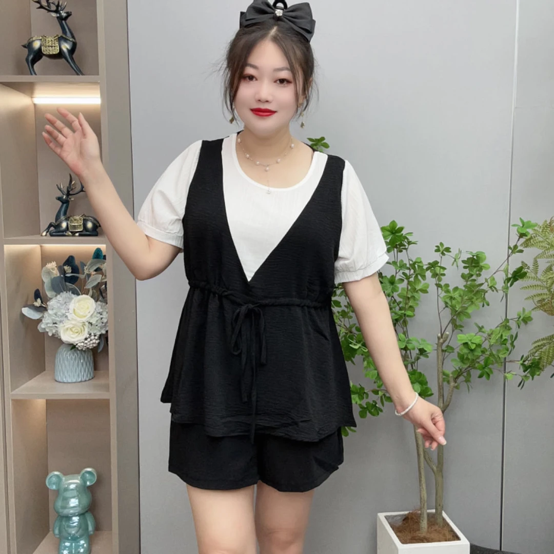 夏季拼接两件套短袖上衣短裤遮肉显瘦遮肚子百搭宽松圆领