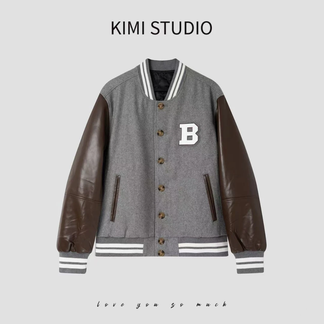 AW25020 BC情侣款羊毛拼接牛皮内胆棉服棒球服外套