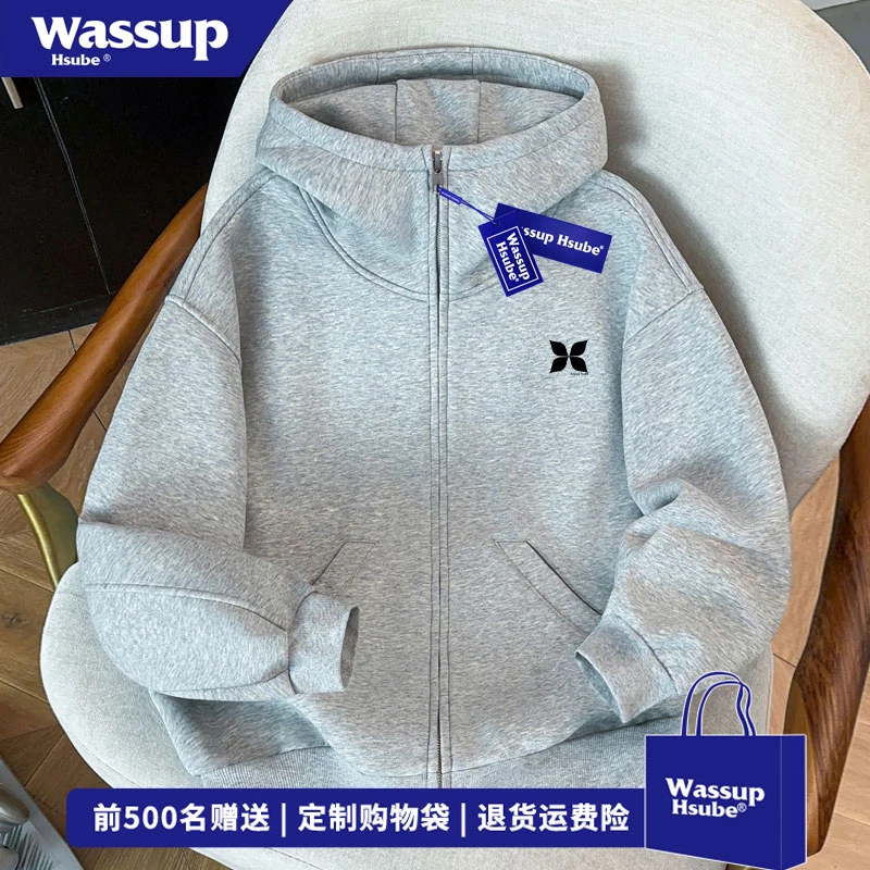 WASSUP HSUBE 秋冬美式百搭浅灰色外套简约图案印花高领开衫卫衣