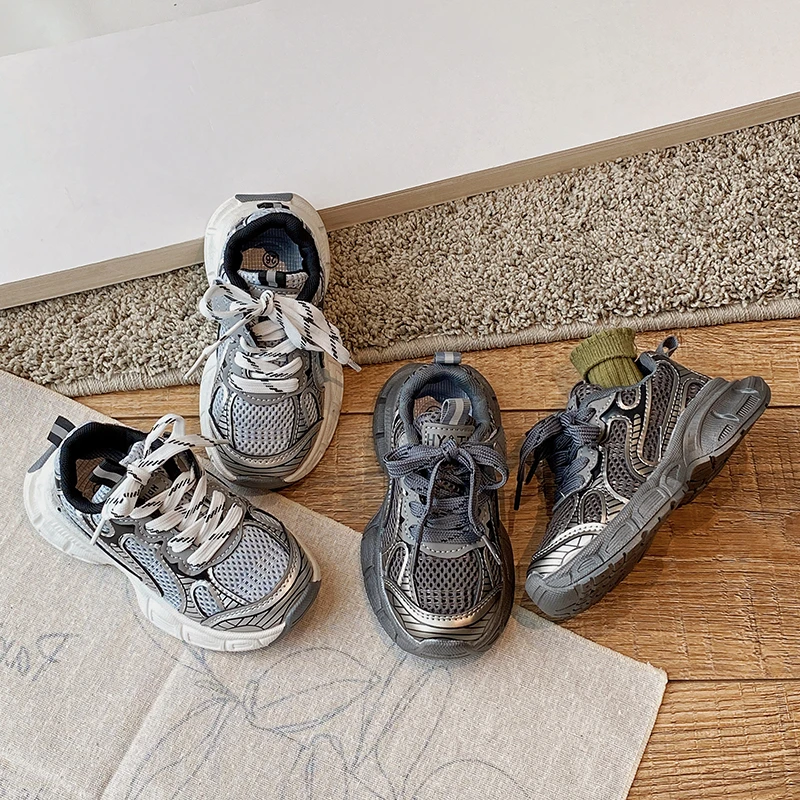 2025春季新款儿童炫酷运动鞋软底防滑男童女童网面休闲鞋老爹鞋